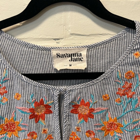 SAVANNAH JANE Embroidered Floral Boho Peasant Top Striped Blouse Size M - Picture 2 of 5
